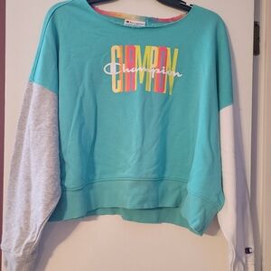 Champion Women's Colorblock Sweater - Teal and Gray Cropped